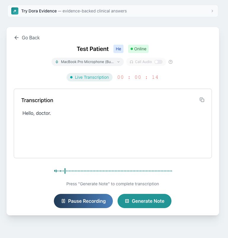 Dorascribe ambient AI scribe widget during a live patient transcription, showing patient name, live transcription, and generate note controls