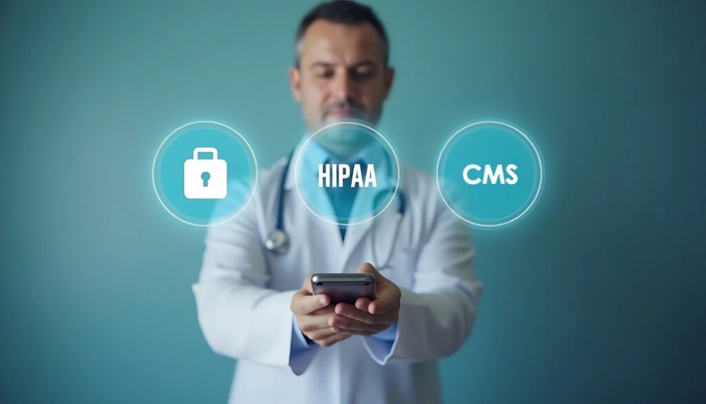 A male doctor in a white coat holding a smartphone, with digital icons floating in front of him labeled "HIPAA," "CMS," and a padlock symbol, representing healthcare data privacy, compliance, and security standards.