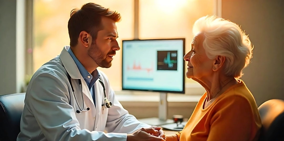 Doctor speaking to a patient with voice waveforms + EHR screen in the background