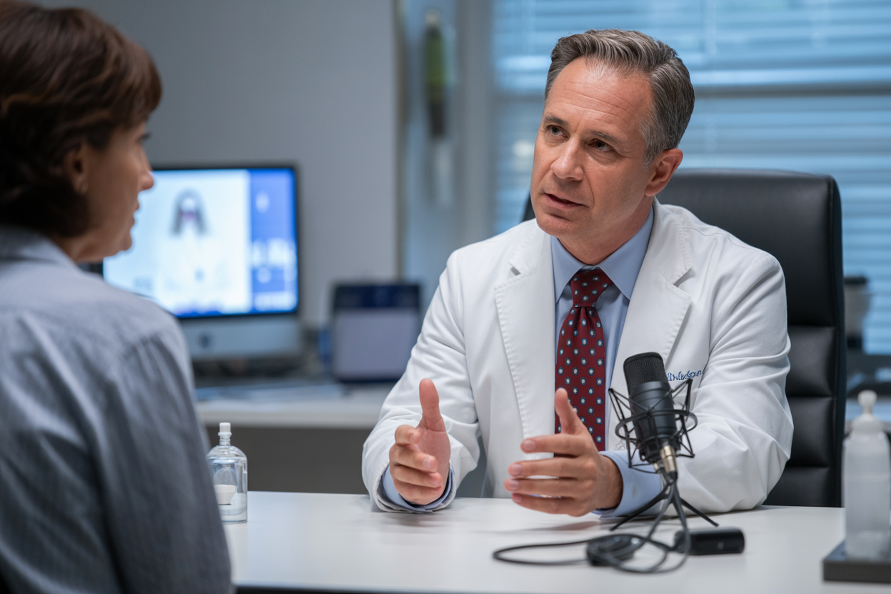doctor talking to a patient and a microphone nearby