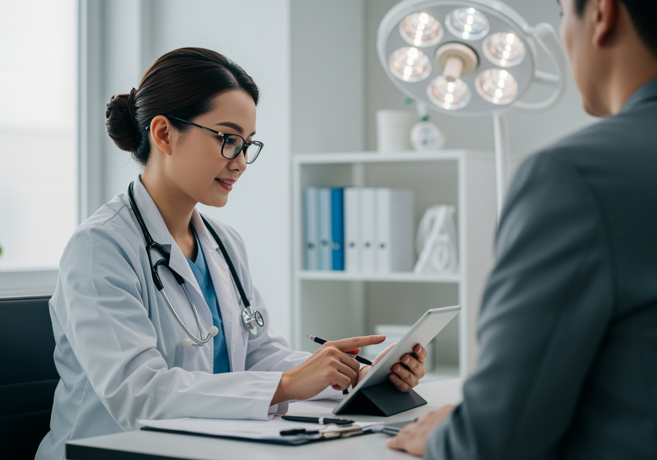 A female doctor wearing a white coat and stethoscope sits at a desk in a well-lit medical office, attentively showing information on a digital tablet to a patient seated across from her. Medical equipment and organized shelves are visible in the background.