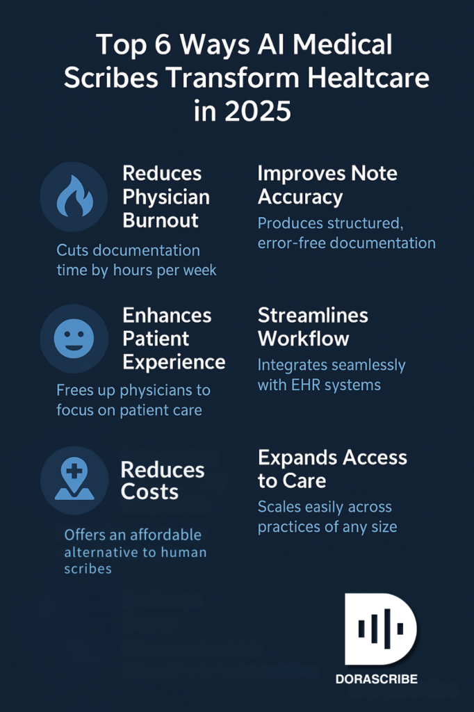 Infographic showing key benefits of AI medical scribes for healthcare