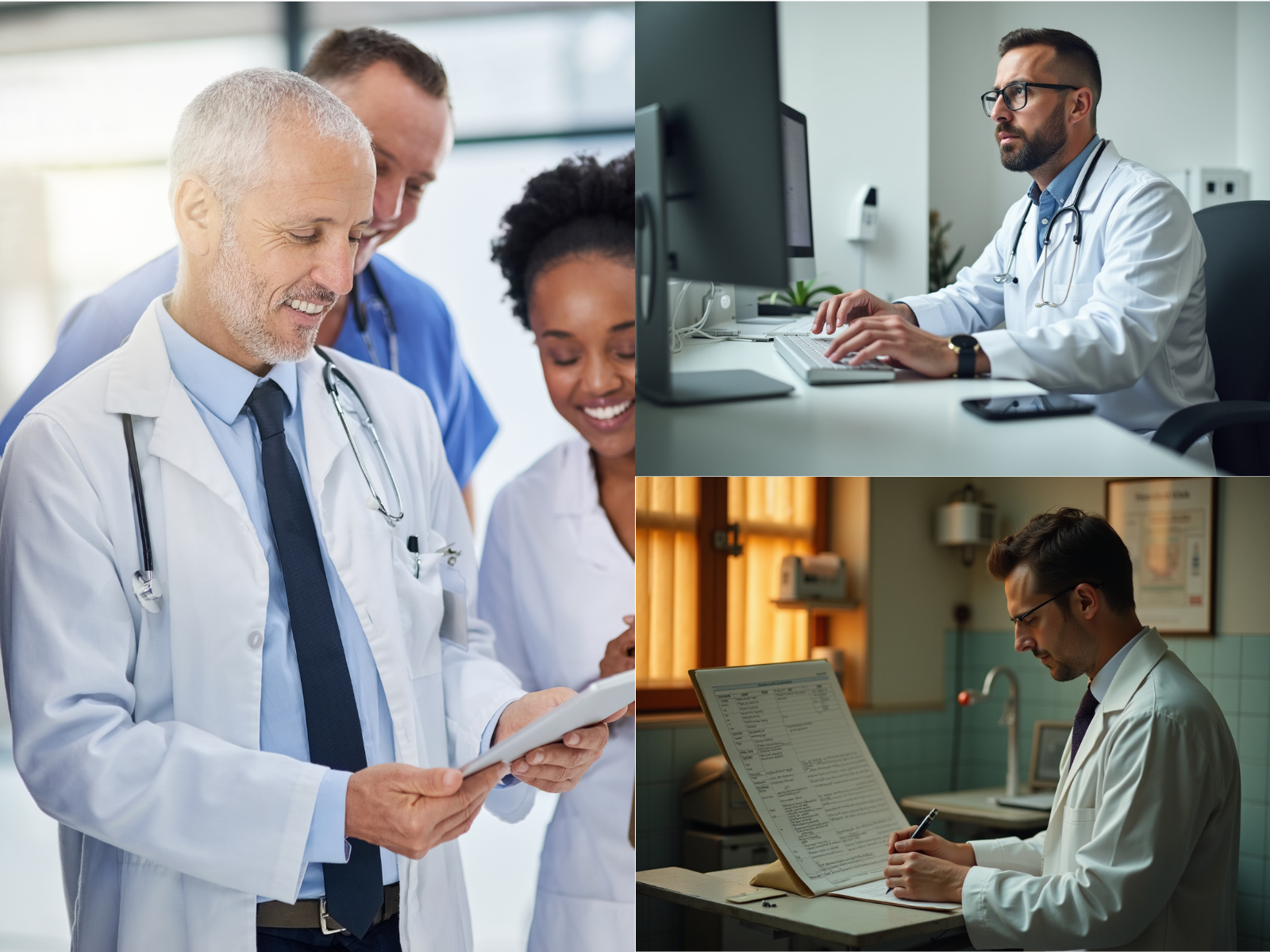 A collage of medical professionals at work. The left panel shows a smiling senior doctor reviewing a tablet with colleagues. The top right shows a focused male doctor working on a computer in a modern office. The bottom right features another doctor writing on a large patient chart in a clinical setting with soft lighting.