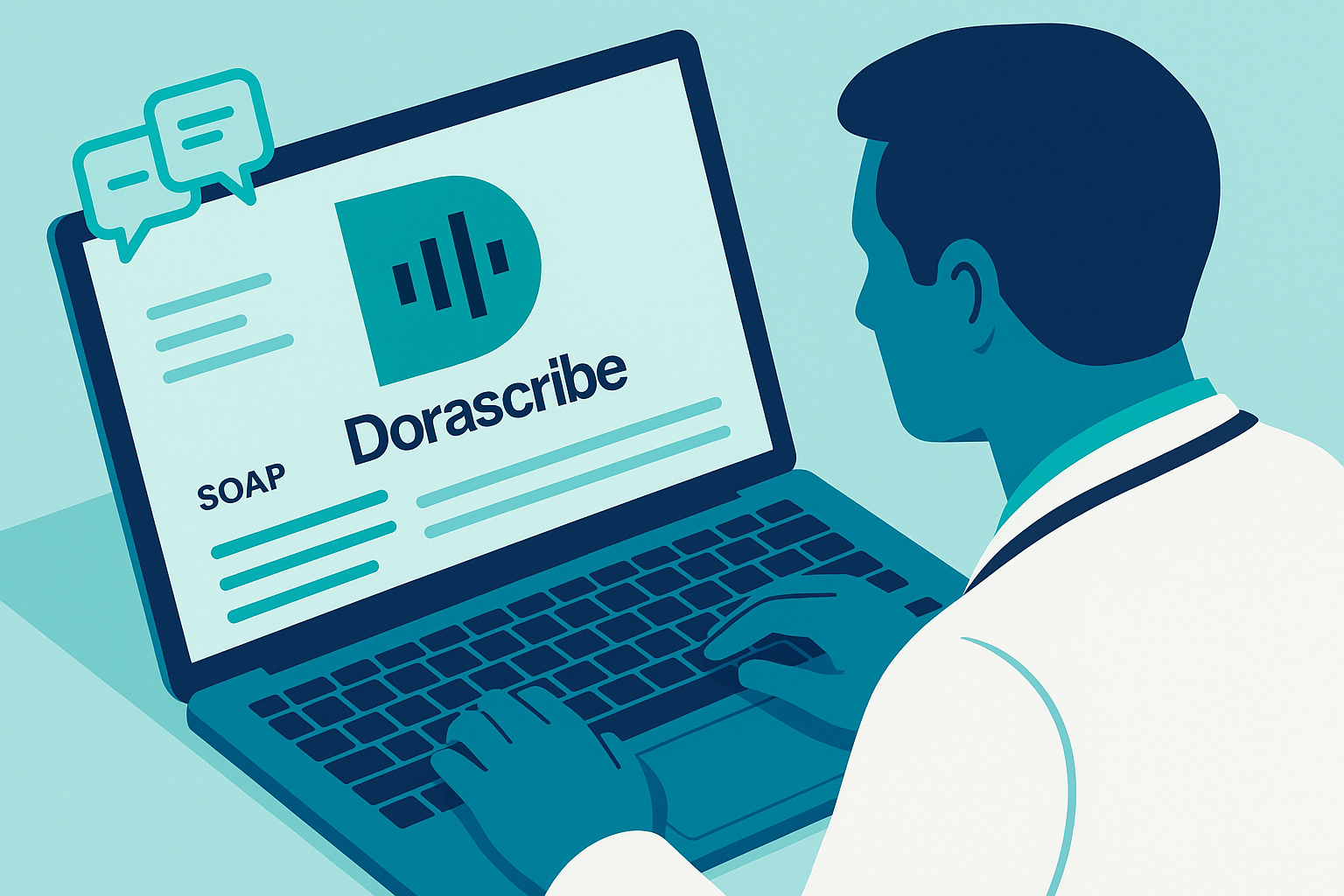 A graphic illustration of a doctor using dorascribe on a laptop