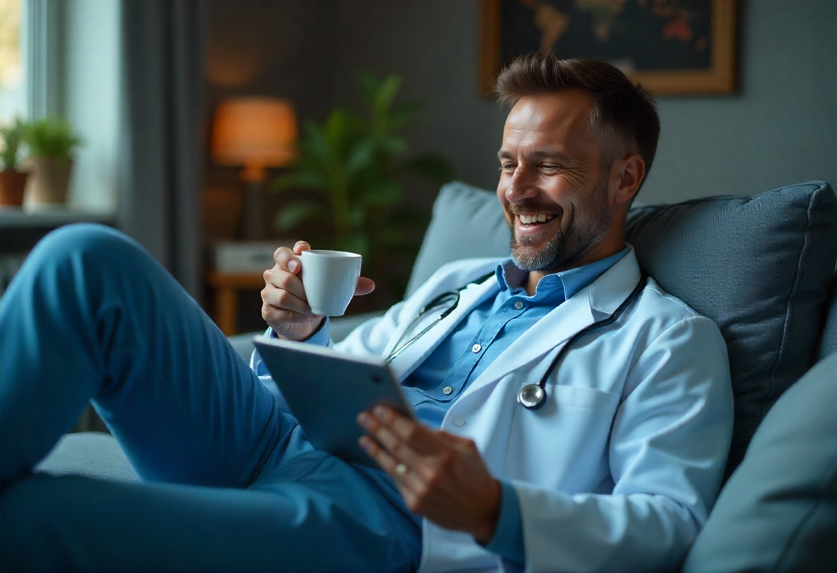 happy relaxed chill doctor with coffee and ai notes