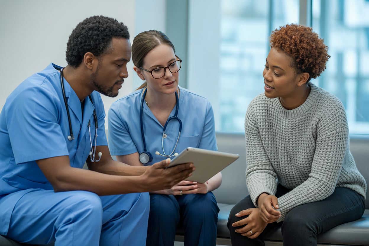 two doctors talking to a patient