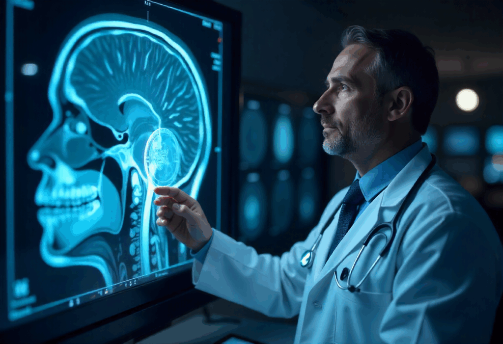 Doctor reviewing MRI scan enhanced by AI image recognition and diagnostic overlays