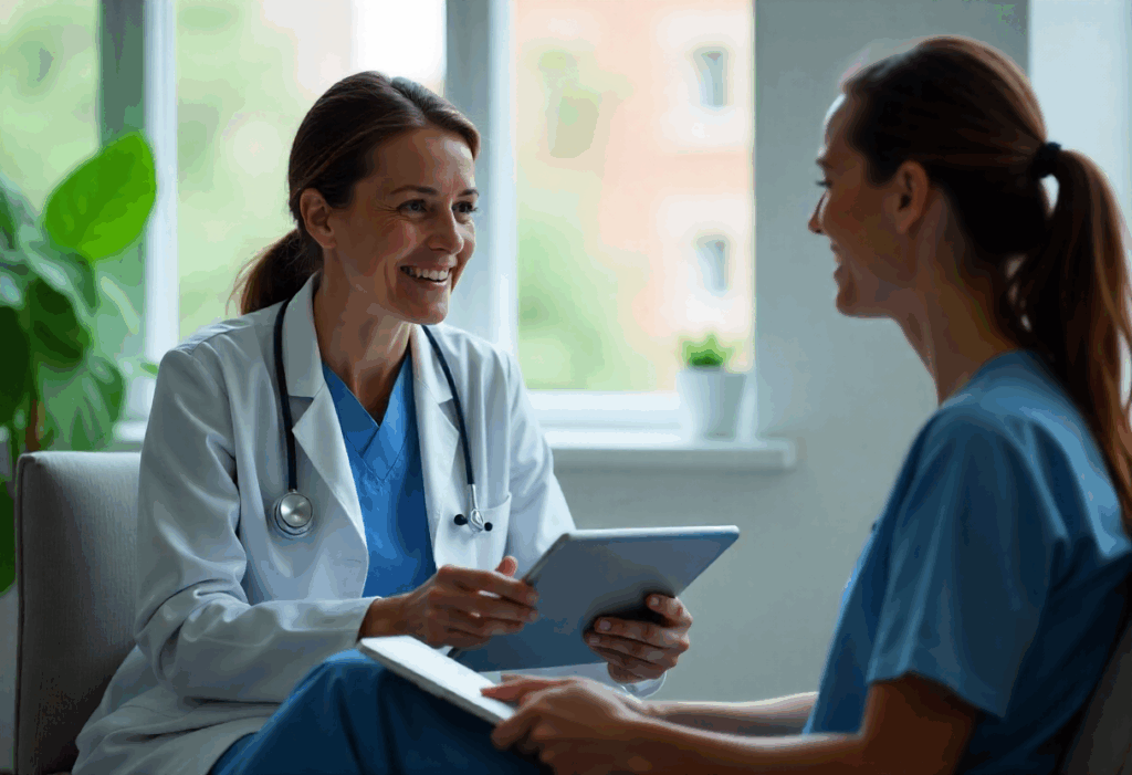 Doctor speaking with patient as AI medical scribe automatically records structured clinical notes on a tablet