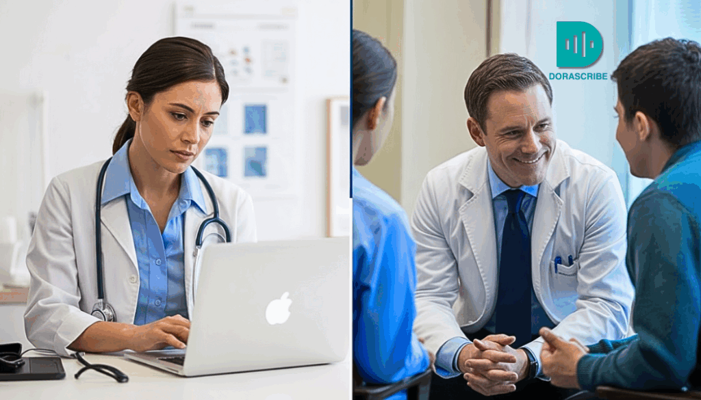 A split image showing two scenes: on the left, a female doctor works on a laptop in a bright office; on the right, a smiling male doctor attentively listens to two patients during a consultation, with the Dorascribe logo subtly displayed in the background. The contrast highlights the shift from screen-focused to patient-focused care.