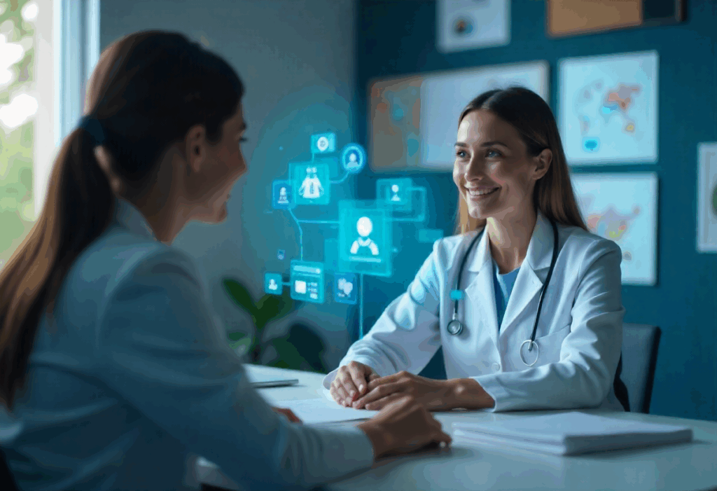 Doctor using a virtual AI health assistant during a telehealth session with a patient