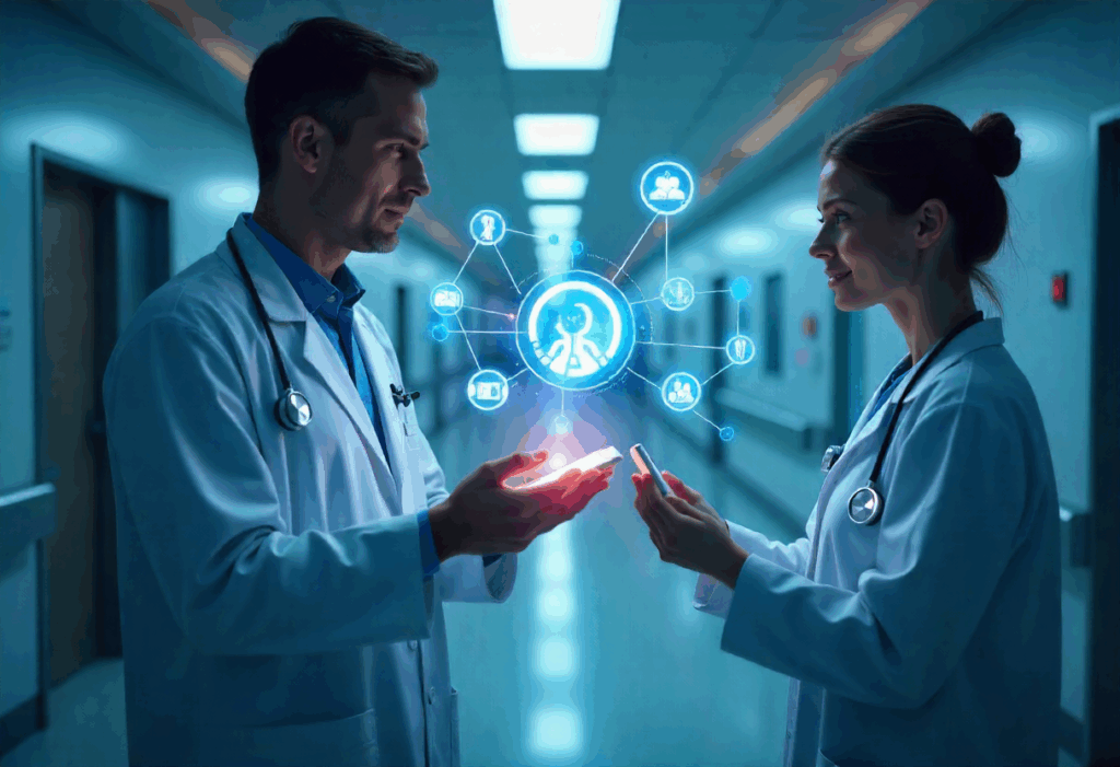 Doctors and AI systems collaborating in a futuristic smart hospital to deliver integrated patient care