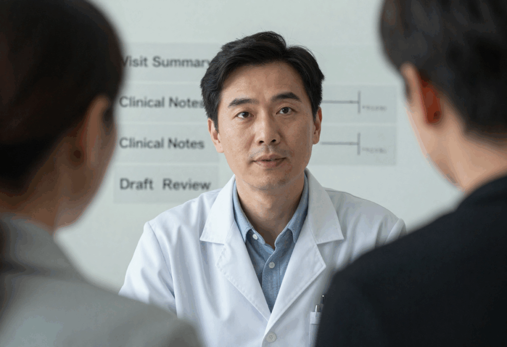 AI medical scribe drafting clinical notes during a doctor-patient conversation
