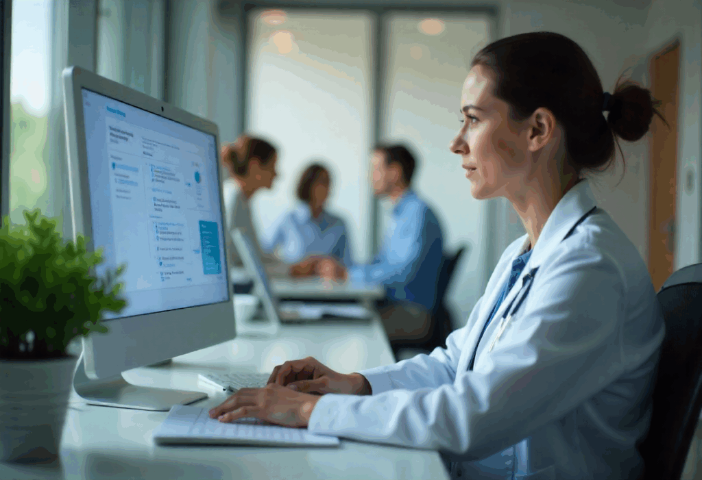 Clinician using real-time AI medical scribing to reduce documentation burden in 2026