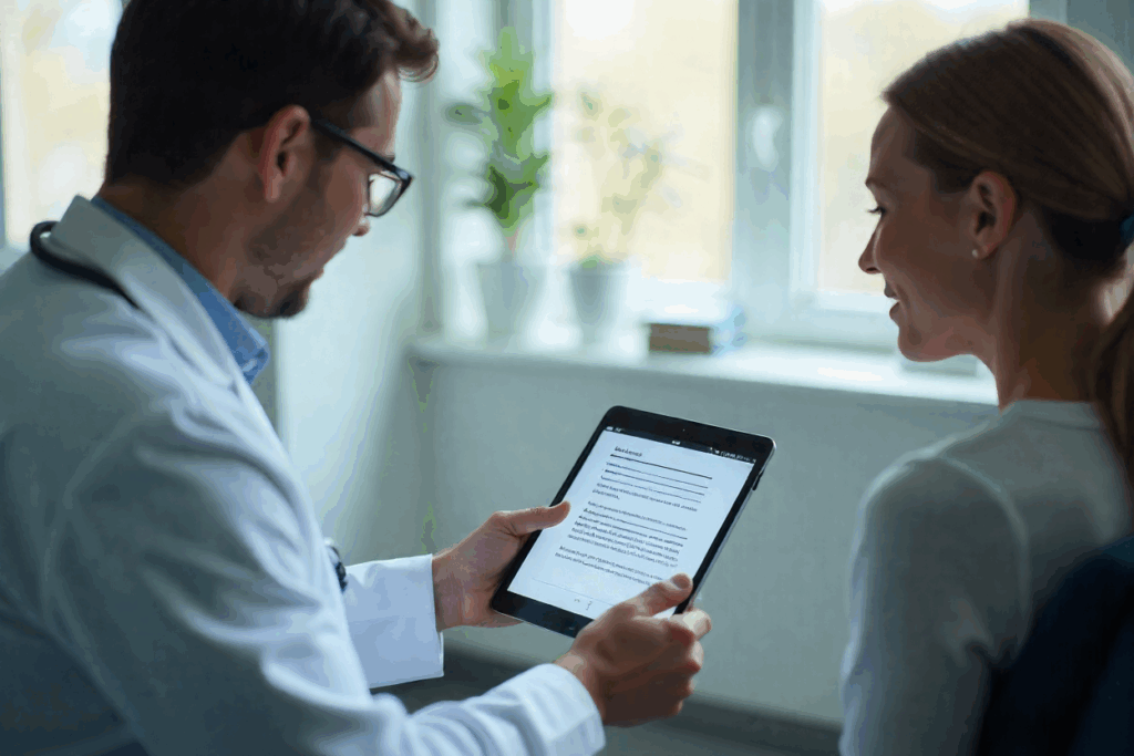 Doctor explaining AI medical documentation and consent to a patient