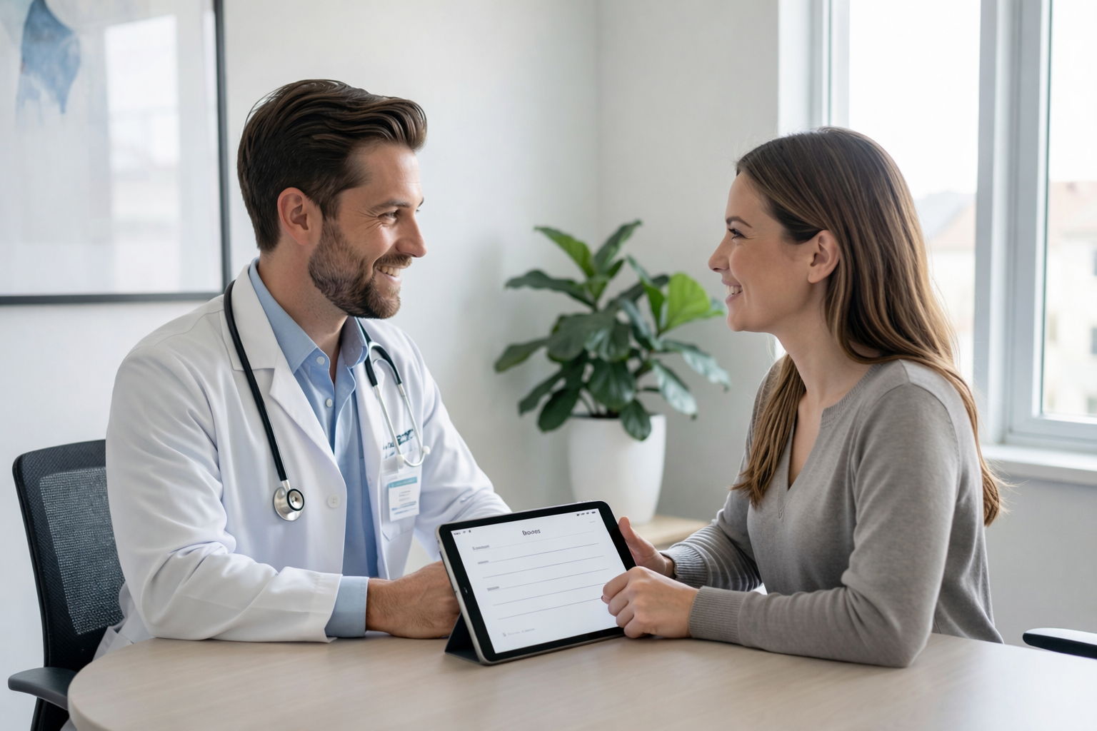 Doctor and patient having a face-to-face conversation while AI generated doctors notes are created in the background without typing.