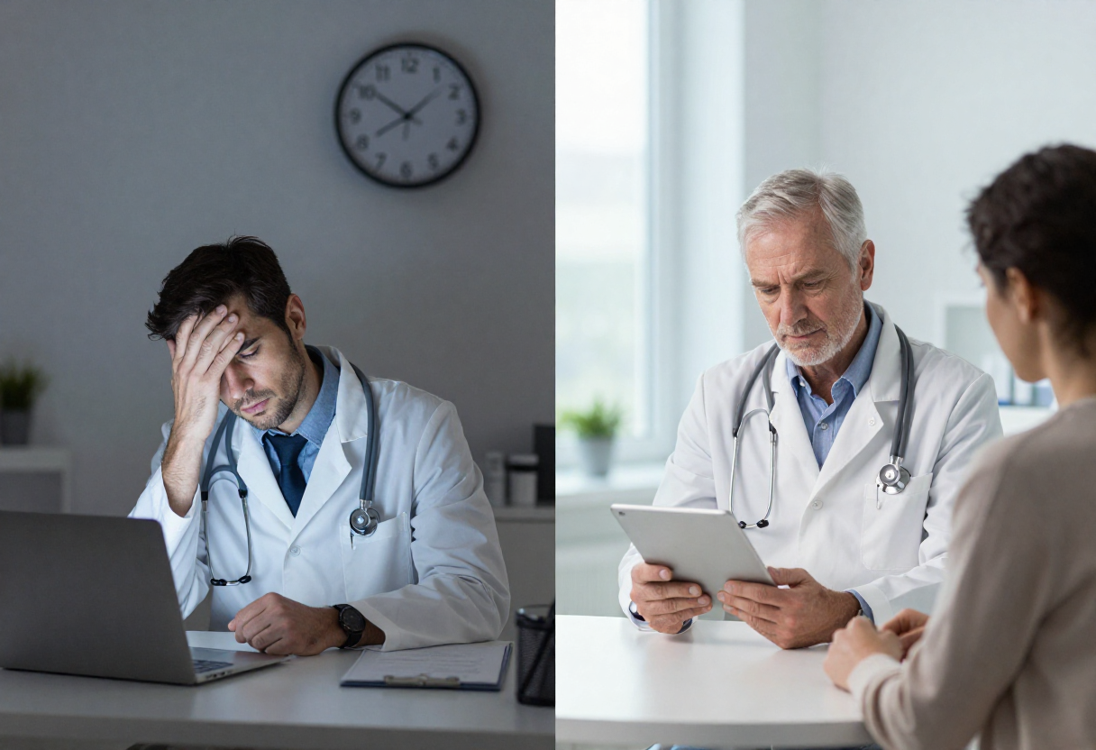 hp Split-screen comparison of manual charting versus healthcare workflow automation in a modern medical practice. Split-screen comparison of manual charting versus healthcare workflow automation in a modern medical practice.