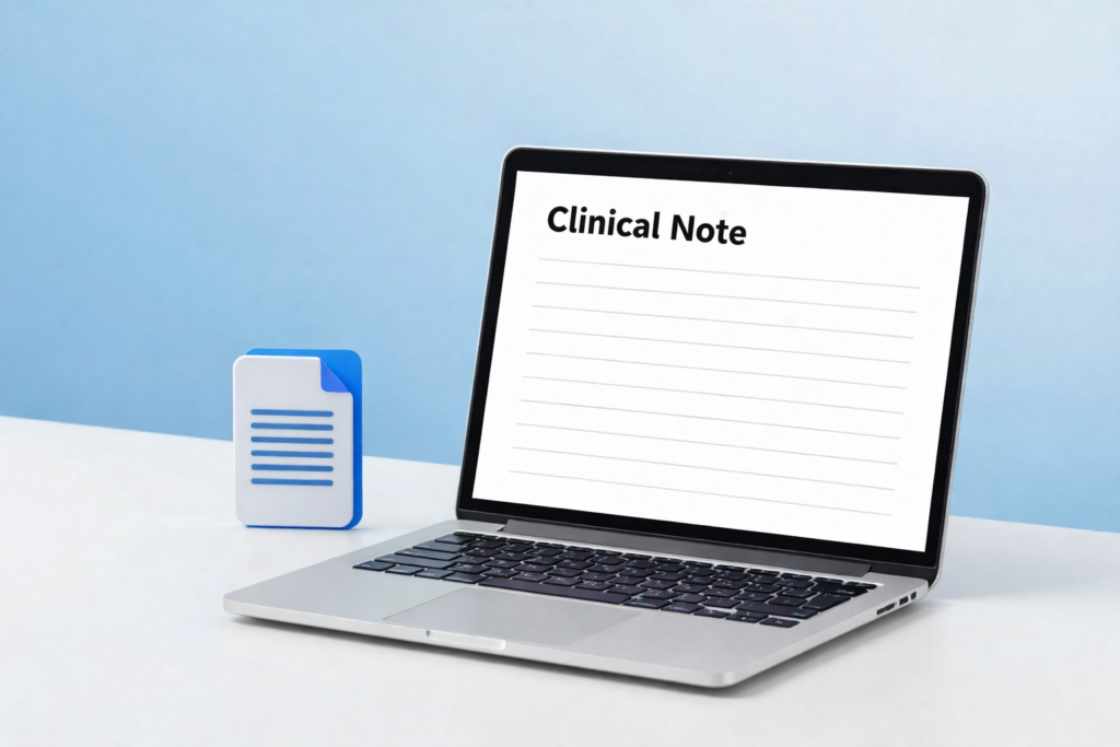 Laptop displaying a structured clinical note layout illustrating how AI generated doctors notes are organized during a medical visit.