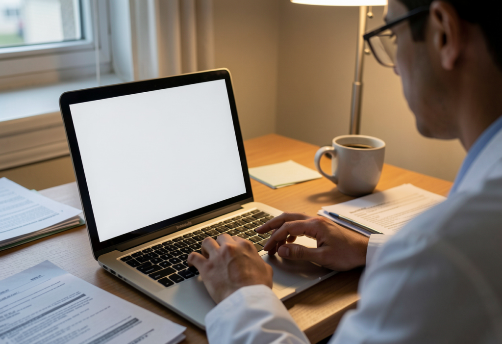Physician working late at night completing electronic medical documentation on a laptop.