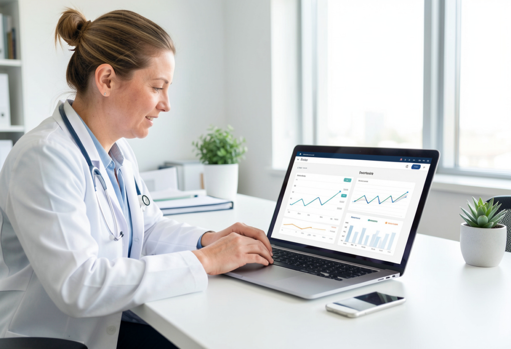 Clinic manager analyzing workflow efficiency metrics on a computer screen.