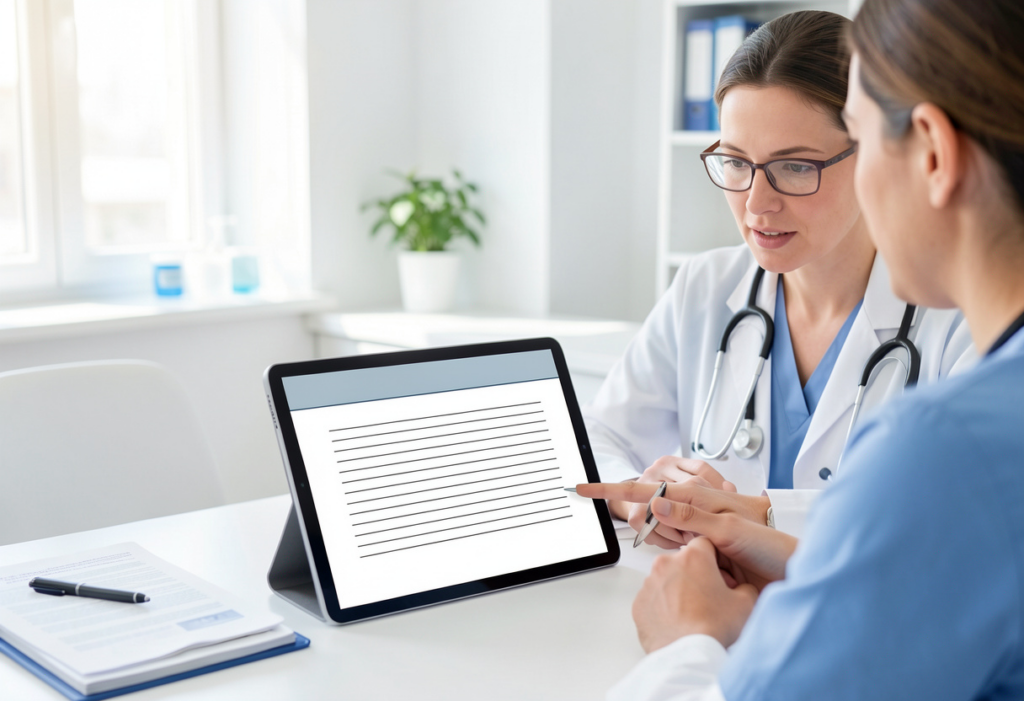 Doctor speaking with patient while reviewing structured digital clinical notes on a tablet.