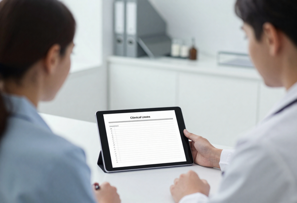 Doctor speaking with a patient as AI generated doctors notes are drafted automatically from the conversation.
