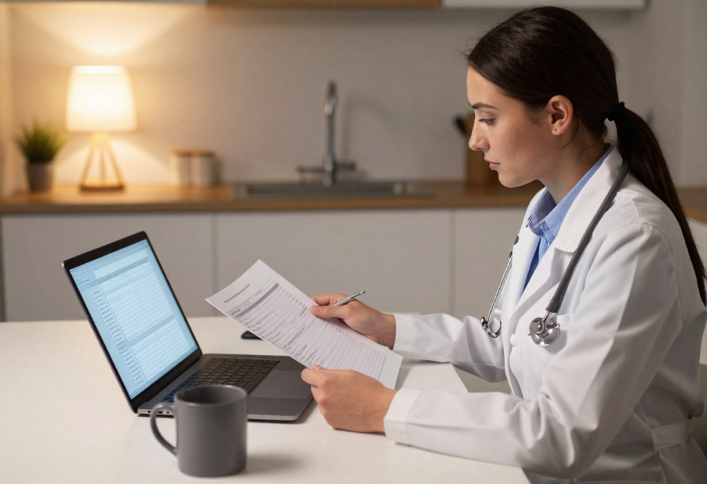 Healthcare provider completing patient charts at home after clinic hours.
