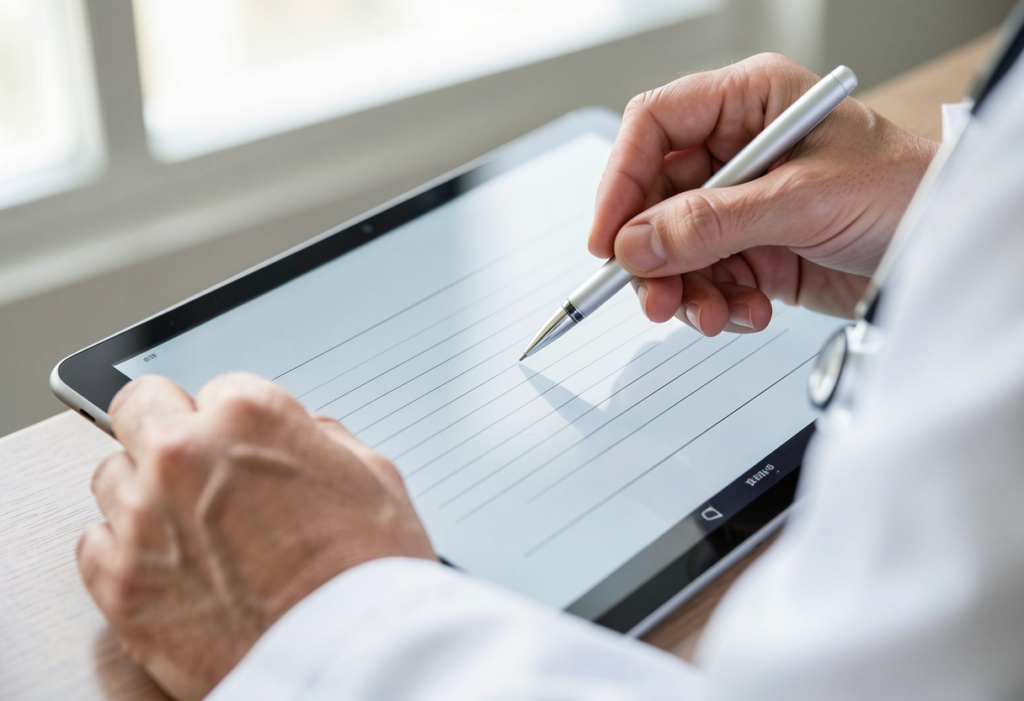 Clinician reviewing and approving AI generated doctors notes on a tablet before finalizing the medical record.