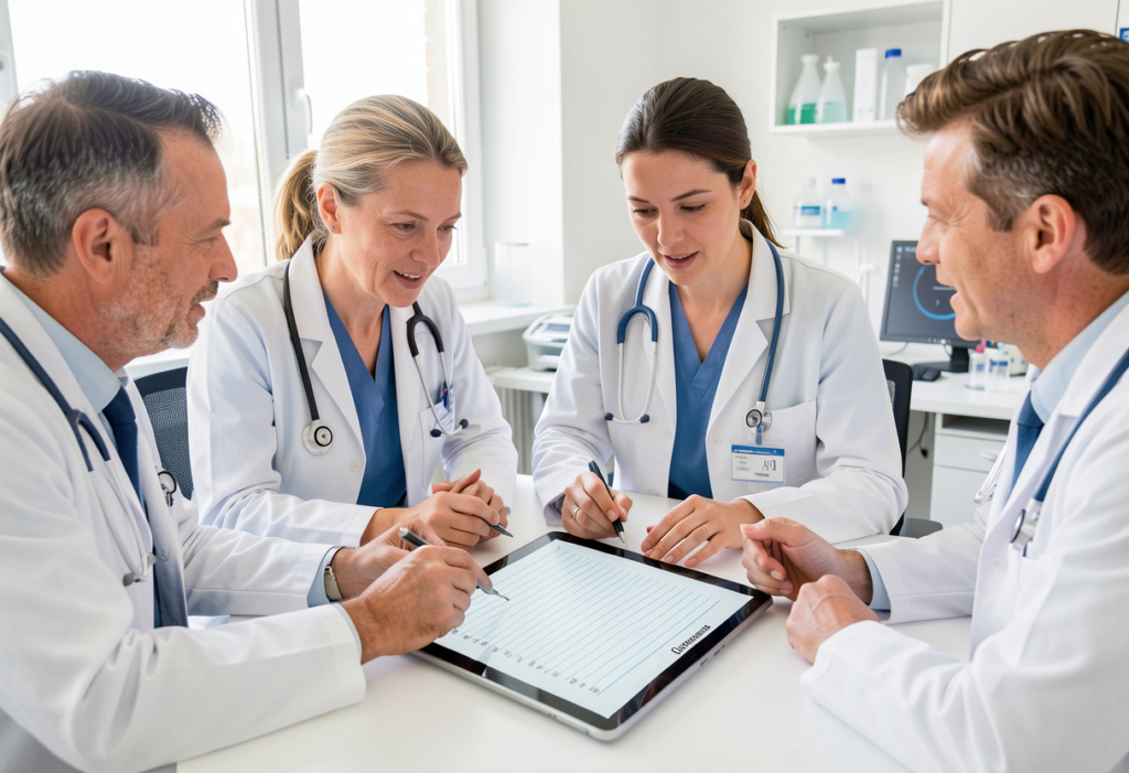 Clinical staff collaborating around a tablet to review patient documentation.