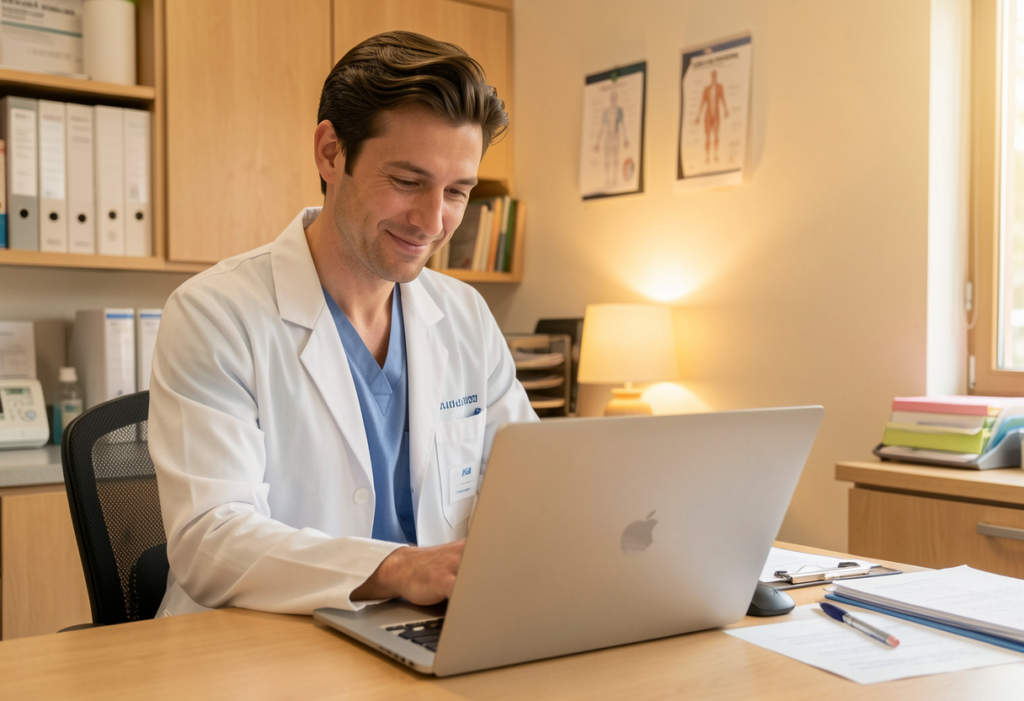 Doctor finishing clinical work on time after using AI generated doctors notes to reduce documentation burden.