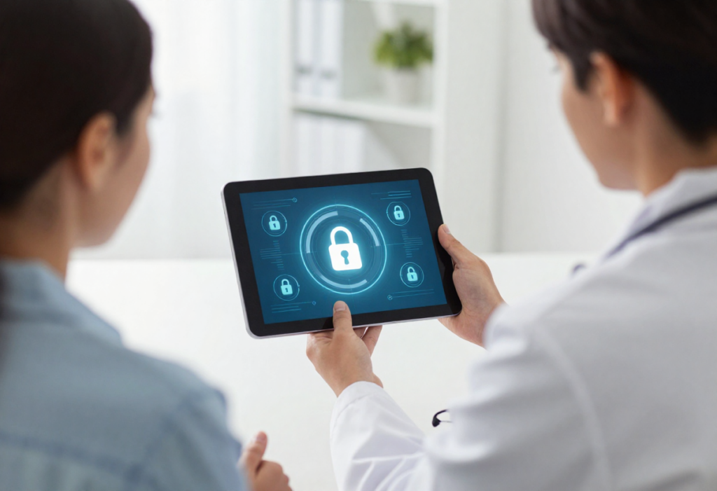 Doctor explaining secure digital documentation process to a patient during consultation.