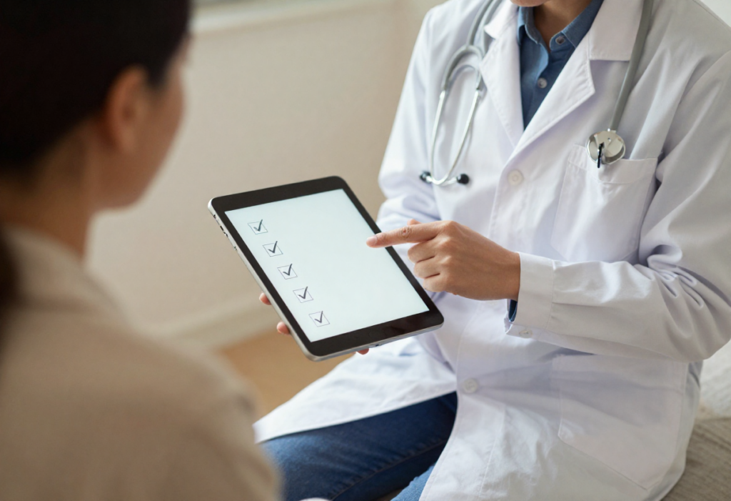 Doctor explaining how AI generated doctors notes are used and documented to a patient during a visit.