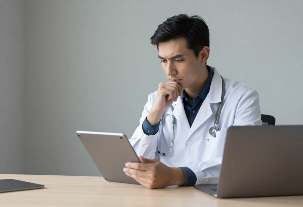 Physician evaluating digital healthcare workflow tools on a tablet in a clinic office.