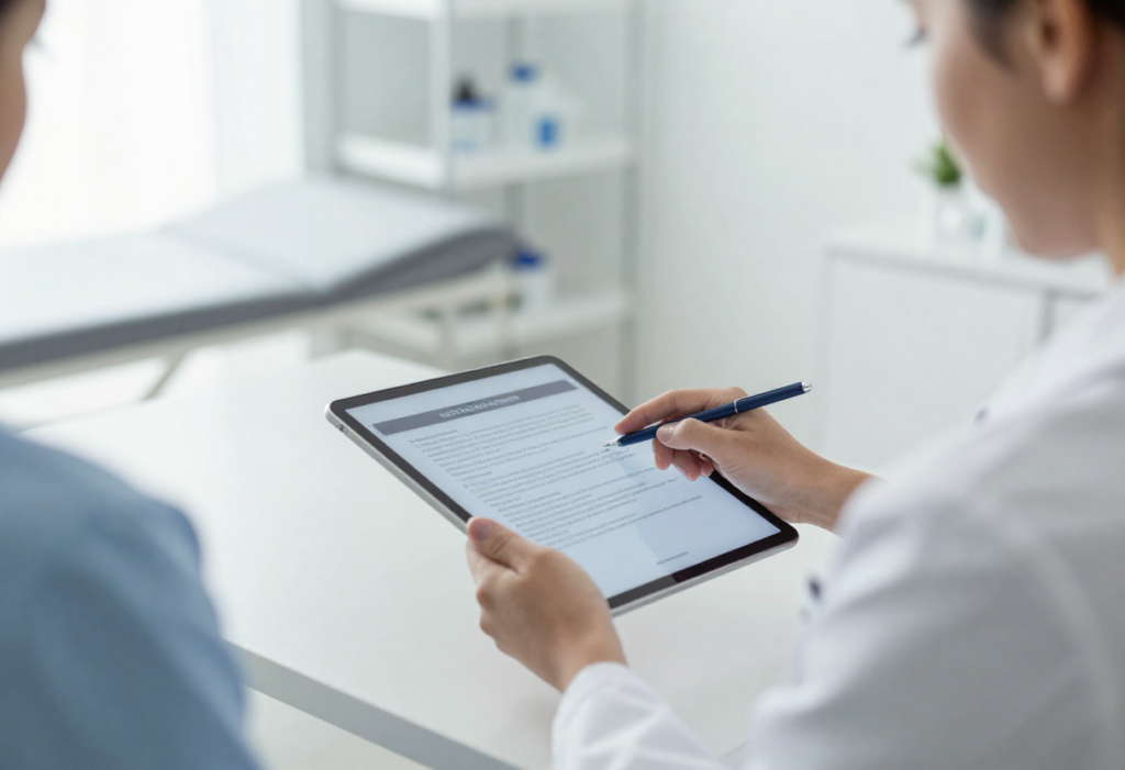 Doctor completing patient visit efficiently using structured digital documentation tools.