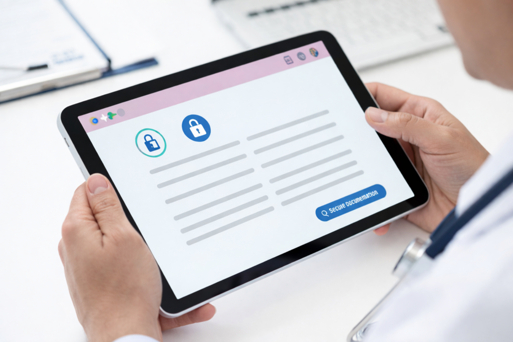 Secure medical interface illustrating how AI generated doctors notes are protected with privacy and compliance safeguards.