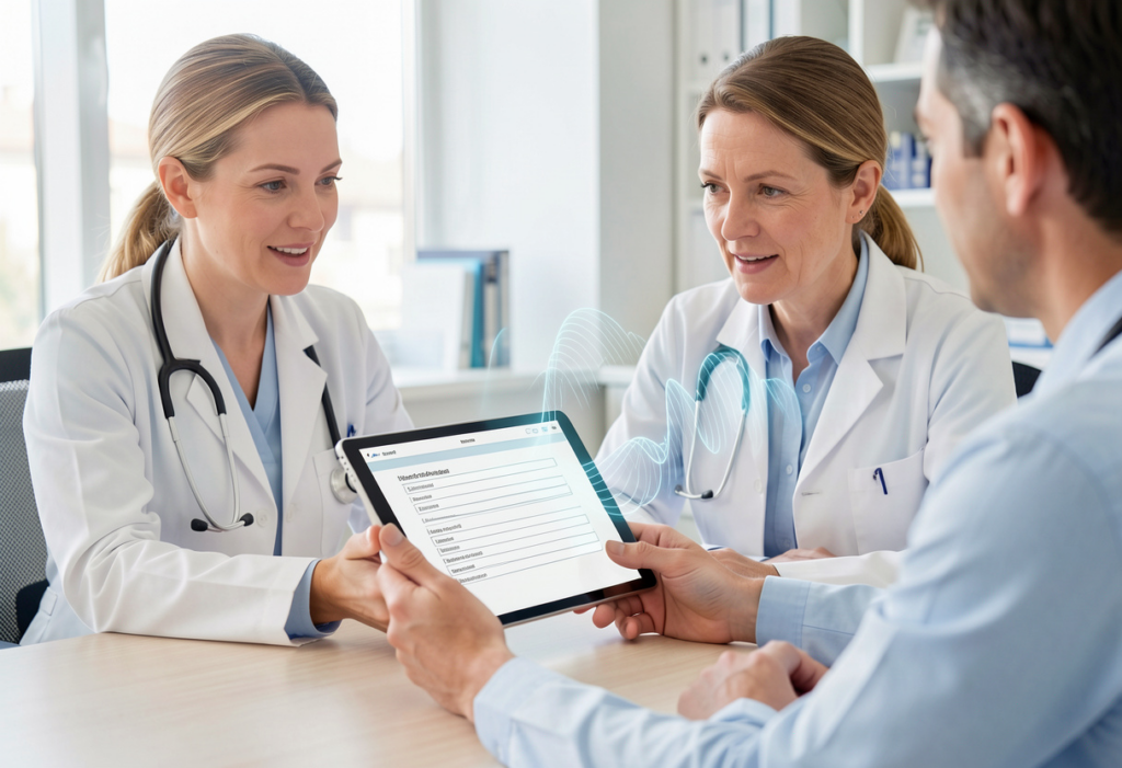 Doctor speaking with patient while integrated voice recognition converts conversation into AI medical scribe notes on a tablet.