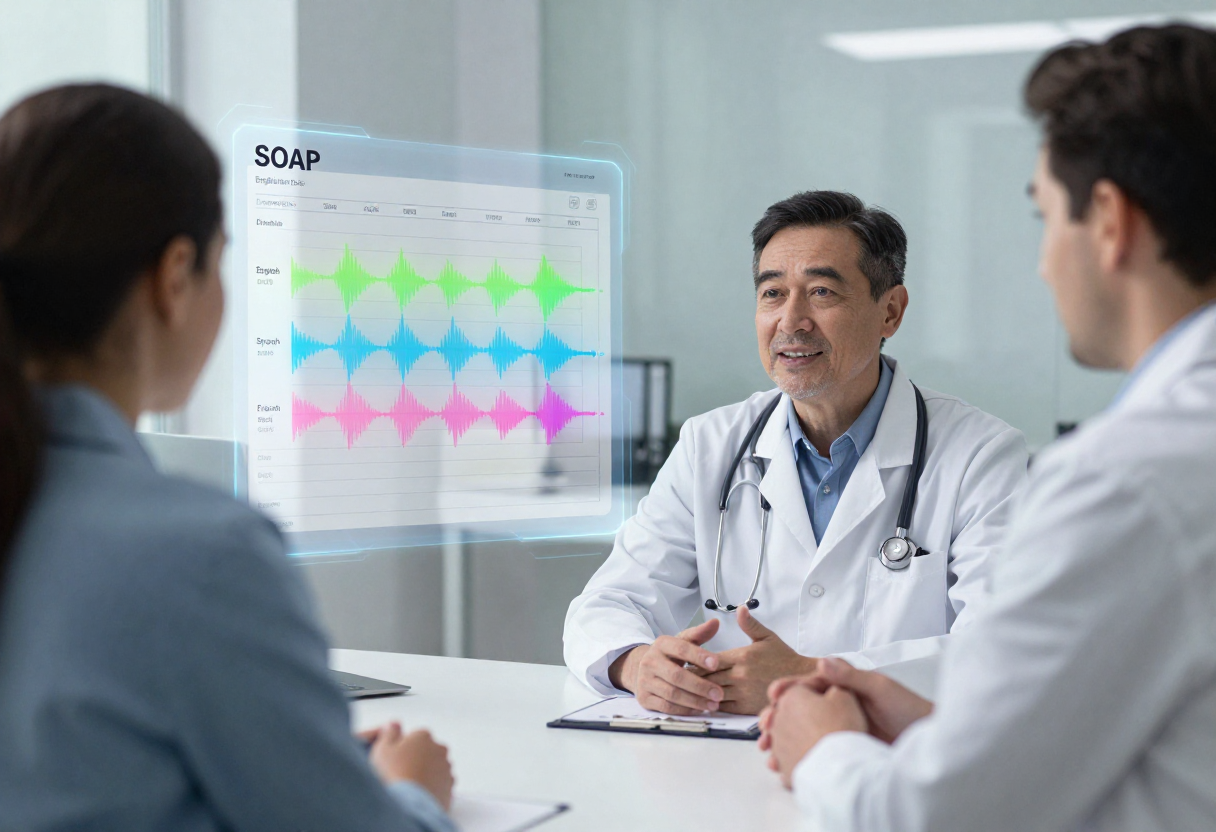 Doctor speaking during a patient visit while multilingual medical transcription AI converts conversation into structured AI-generated clinical notes in real time.