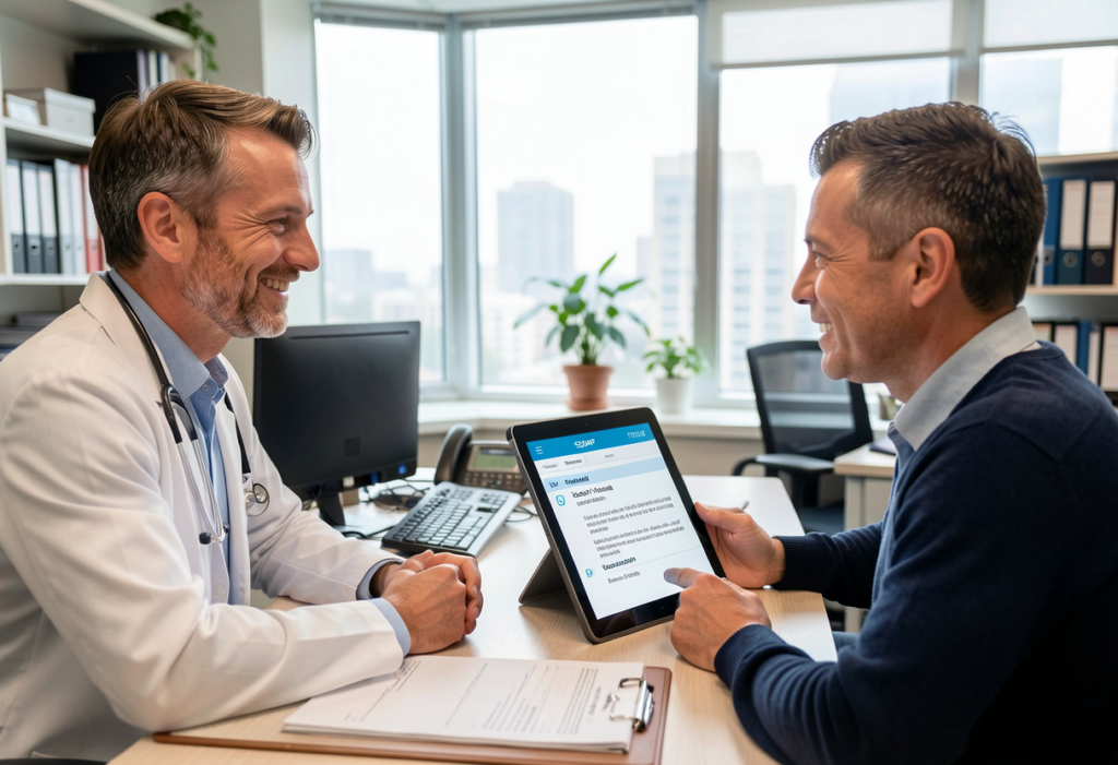 Doctor completing a patient consultation while a tablet displays finalized AI-generated clinical notes, illustrating time savings from multilingual medical transcription AI and automated documentation.