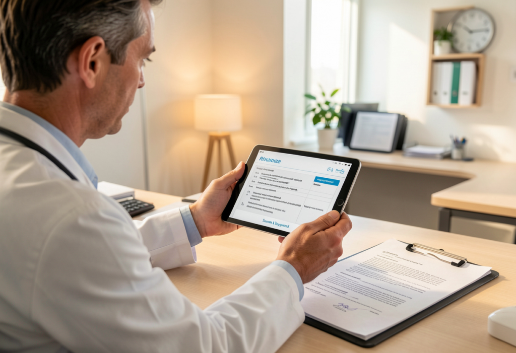 Doctor and patient reviewing structured clinical notes on a secure tablet, illustrating protected multilingual medical transcription AI documentation.