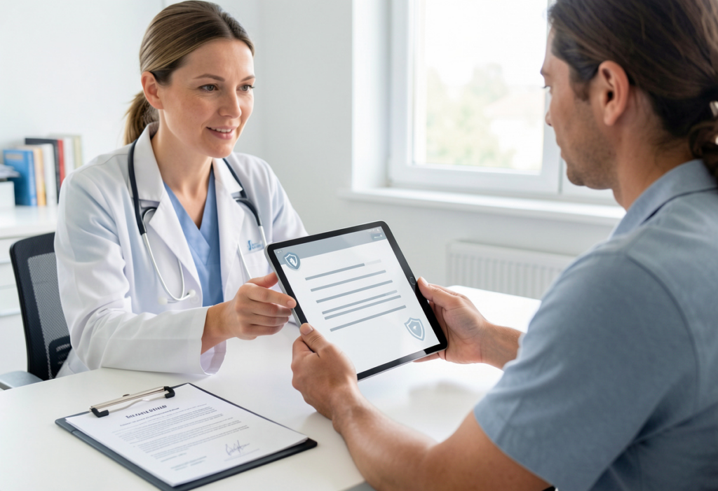 Secure healthcare interface demonstrating multilingual AI medical documentation protected by encryption and compliance safeguards.