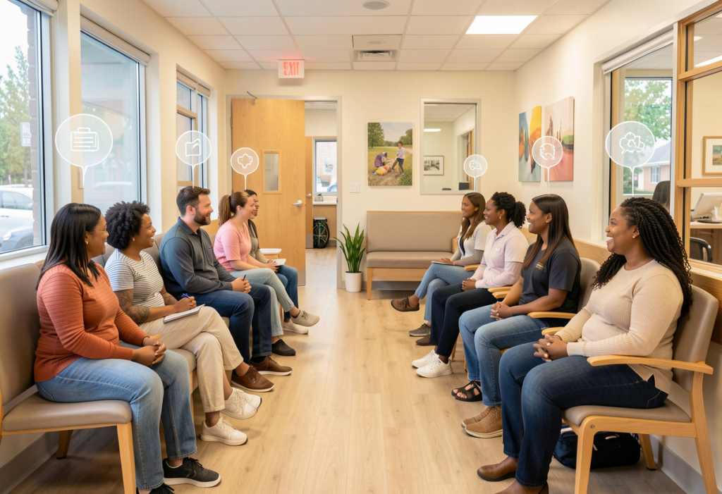 Multicultural patients in clinic waiting room representing the need for multilingual medical transcription AI and automated healthcare documentation.