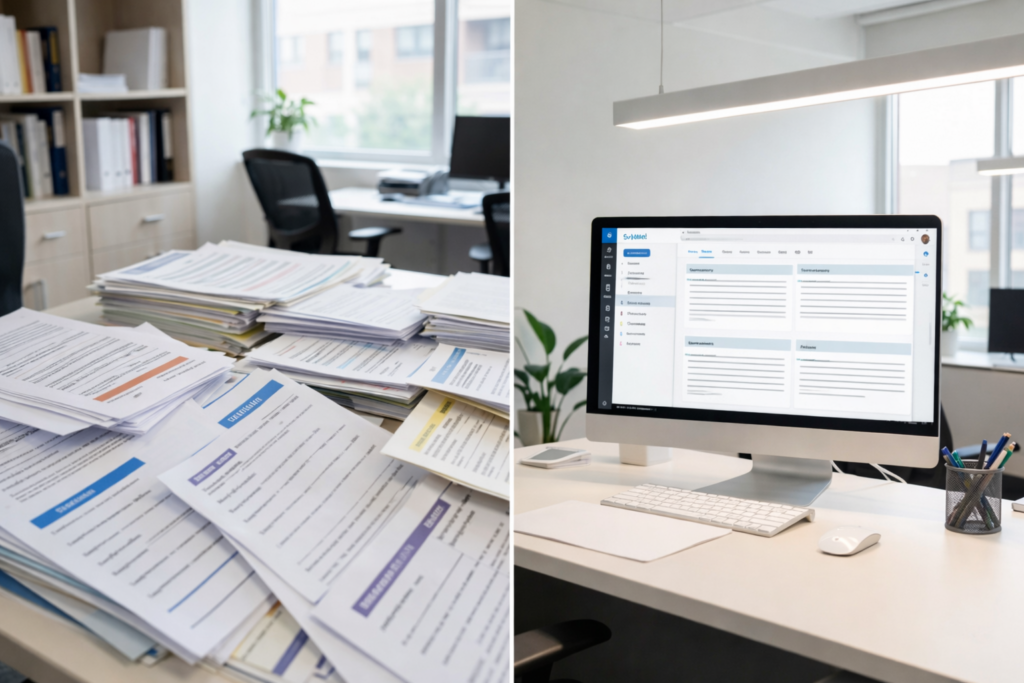 Comparison of outdated manual documentation versus modern multilingual AI scribe generating automated medical transcription and structured digital notes.