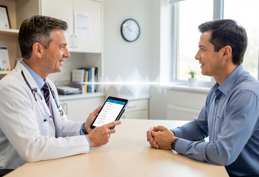 Real-time AI medical scribe using integrated voice recognition to capture doctor patient conversation and generate clinical notes.