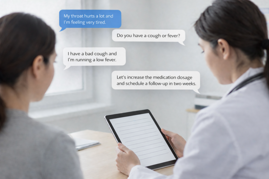 Bilingual doctor-patient consultation where multilingual medical transcription AI captures mixed-language conversation into accurate AI-powered clinical documentation.