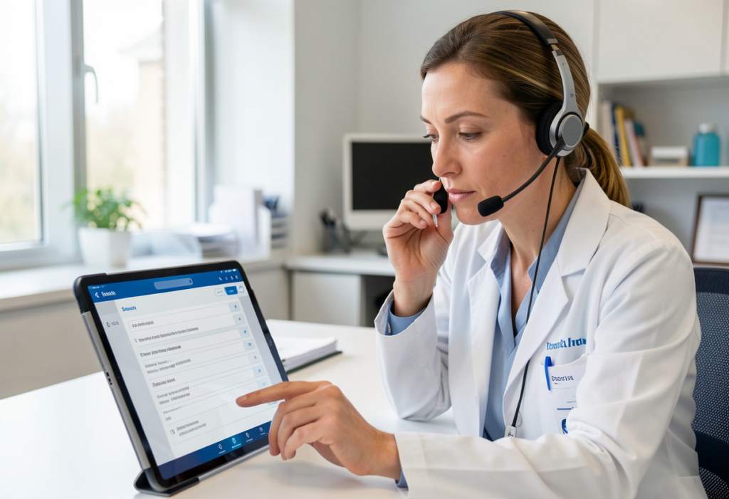 Doctor using voice dictation system with integrated voice recognition to create digital medical documentation.