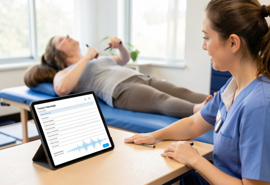 Physiotherapist using AI medical scribe with integrated voice recognition to document rehabilitation session.