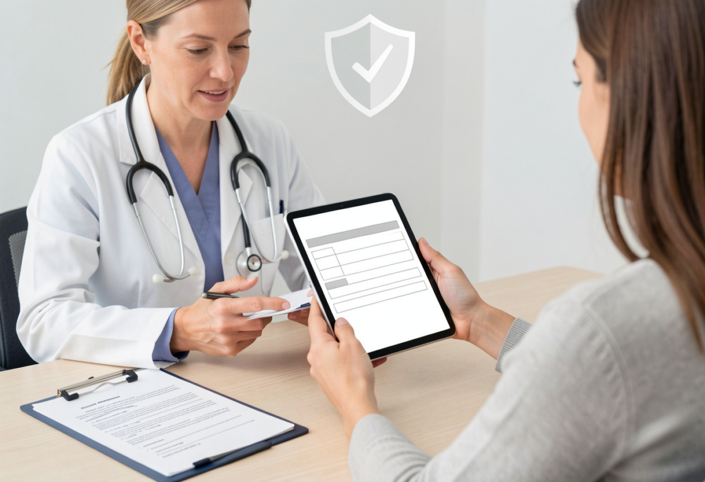 Doctor explaining secure AI transcription system using integrated voice recognition to patient in medical office.