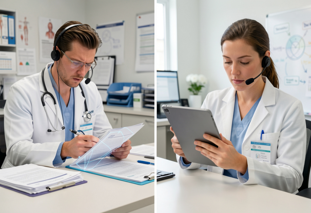 Doctor saving time using integrated voice recognition AI medical scribe instead of manual paperwork documentation.