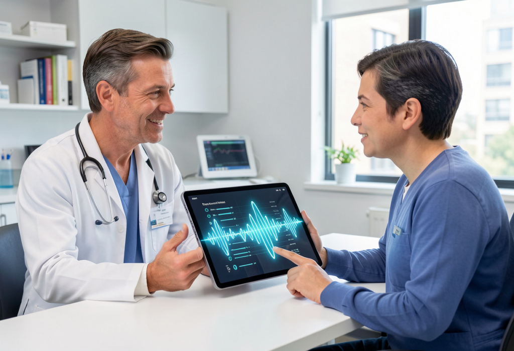 Integrated voice recognition converting doctor patient conversation into AI medical scribe documentation.