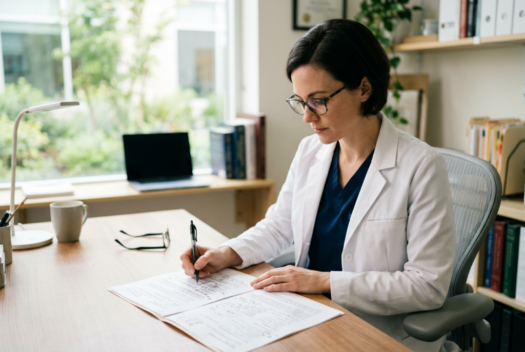 Clinician reviewing AI scribe documentation before adding notes to a patient record
