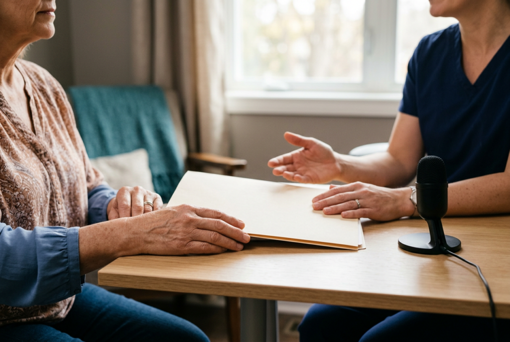 Patient and clinician discussing AI scribe patient consent in a private consultation